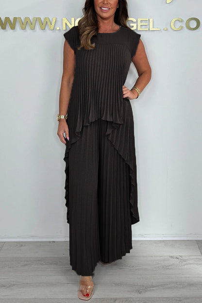 Laney™ – Pleated Top &amp; Elastic Waist Wide-Leg Pants Set