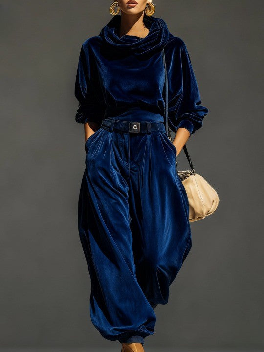 Vintage brown velvet hoodie and loose trousers set (Includes belt)