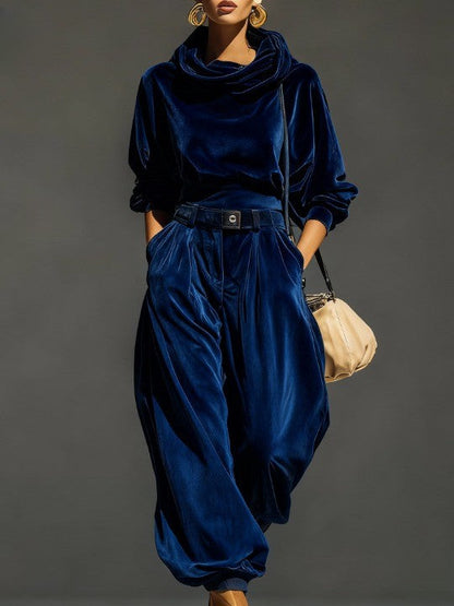 Vintage brown velvet hoodie and loose trousers set (Includes belt)