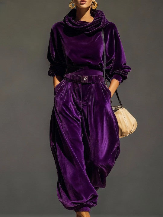 Vintage brown velvet hoodie and loose trousers set (Includes belt)