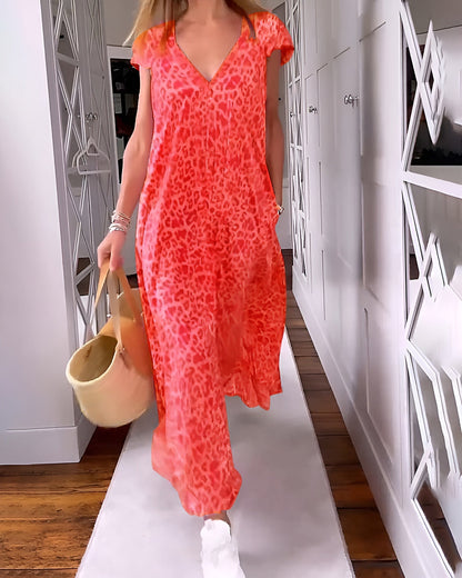 Véronique | Long Dress with V-Neck and Short Sleeves