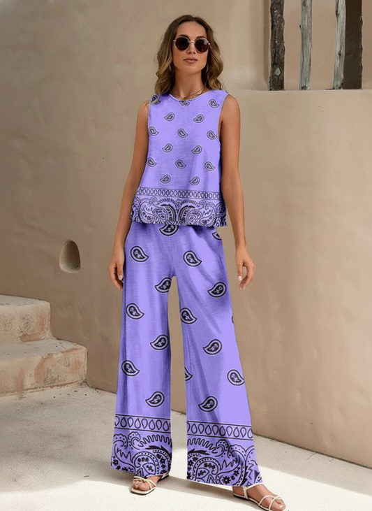 Lunarae™ Sleeveless Paisley Wide-Leg Two-Piece Set