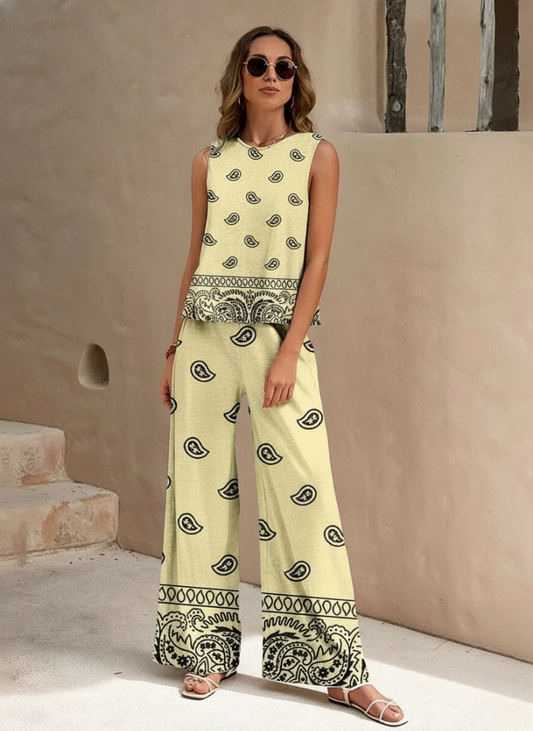 Zayliana™ Sleeveless Paisley Wide-Leg Two-Piece Set